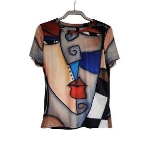 Emery Rose Womens Short Sleeve T-Shirt Abstract Face Art Deco Colorful Size L